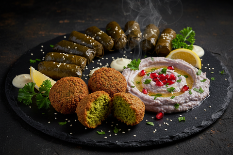cinematic and gourmet shot of falafel, babaganoush and stuffed grape leaves