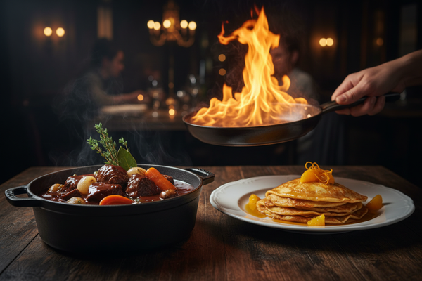 cinematic shot of beouf bourguignon and crepe suzette