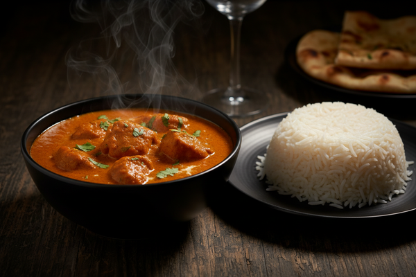 cinematic shot of chicken tikka masala with basmati rice