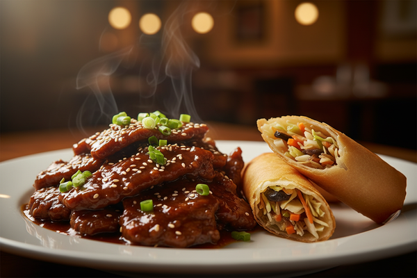 cinematic shot of chinece mongolian beef and spring rolls
