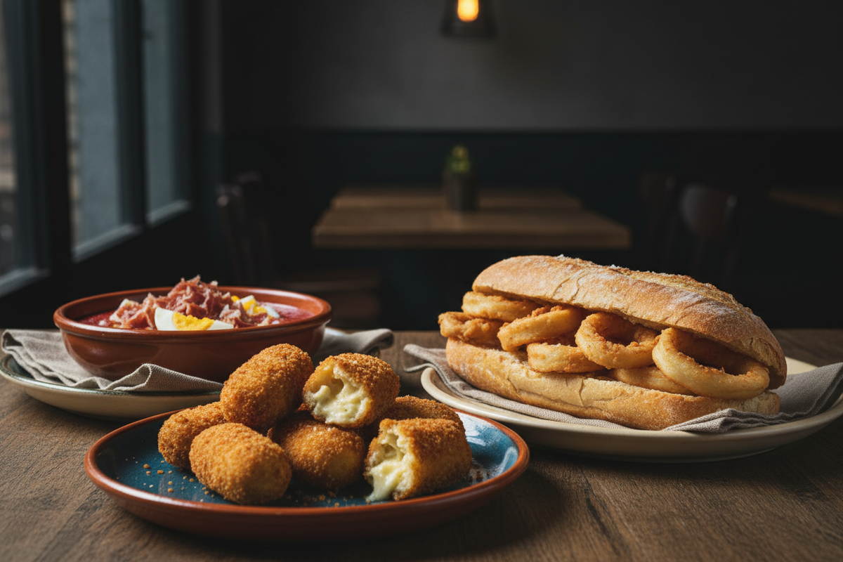 Tapas & Pinchos españoles: croquetas de jamón serrano, Bocadillo de calamar & salmorejo cordovéz