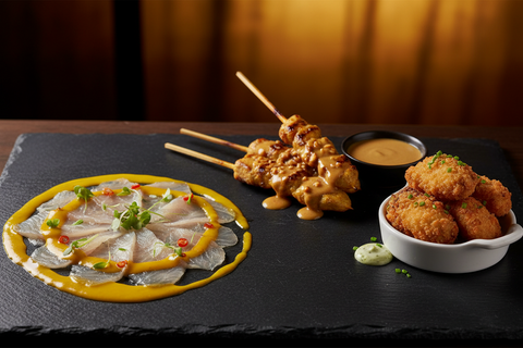 Aperitivos y Piqueos: Tiradito de salsa en ají amarillo, satay de pollo & ostras apanadas